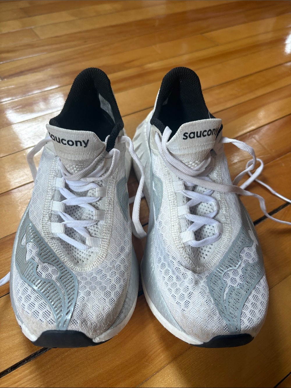 White Athletic Saucony Endorphin Pro 2 Running Shoes with Light Blue Accents